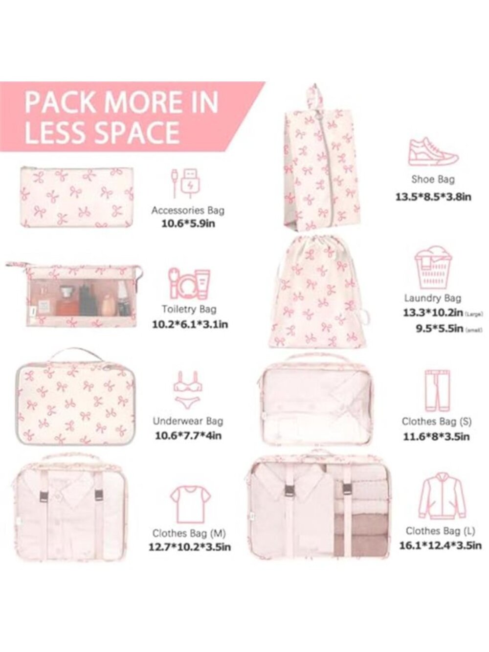 8 Piece Packing Cubes Travel Luggage Organizer Bags Suitcase Shoe Toiletry Pink - Picture 3 of 6